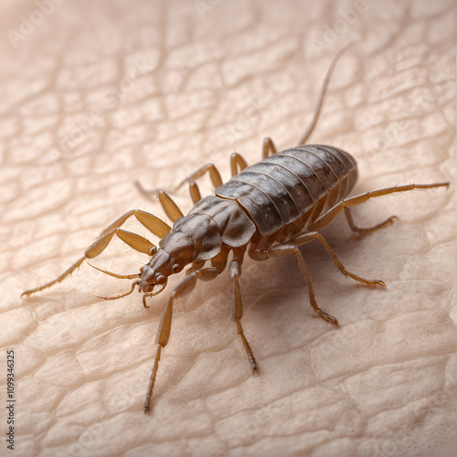 Close up of a male louse walking on human skin. Ai generated image