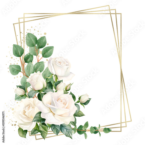 Watercolor frame with white roses, eucalyptus, gold glitter and golden geometric elements.