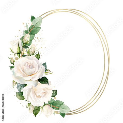 Watercolor frame with white roses, eucalyptus, gold glitter and golden geometric elements.