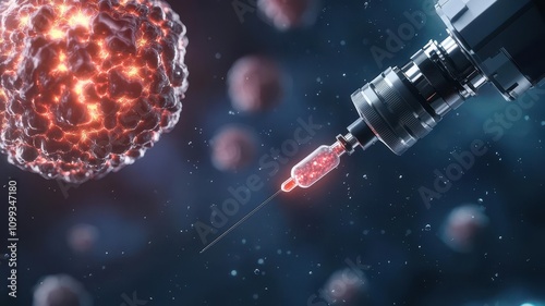 A futuristic medical device injecting anticancer agents directly into a tumor, with glowing effects showing progress photo