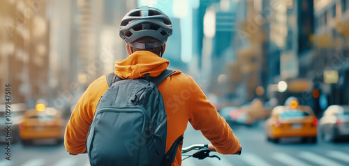 cyclist in orange hoodie and helmet rides through busy city street, surrounded by yellow taxis and tall buildings, capturing essence of urban commuting photo