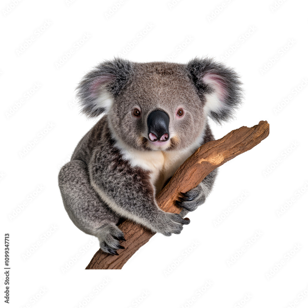 Fototapeta premium Adorable Koala Bear on a Branch, Isolated on White Background