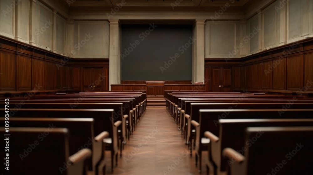 Fototapeta premium law restriction legislation concept. A spacious courtroom featuring dark wooden benches, a large blank screen at the front, and a sense of anticipation in the empty space.