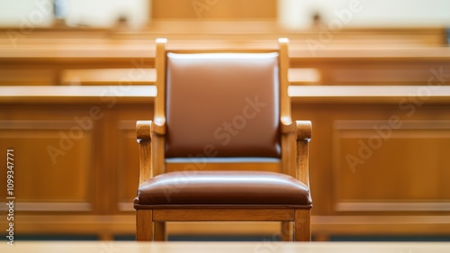 law restriction legislation concept. A solitary wooden chair in a courtroom, symbolizing justice and authority, with a warm brown leather seat.