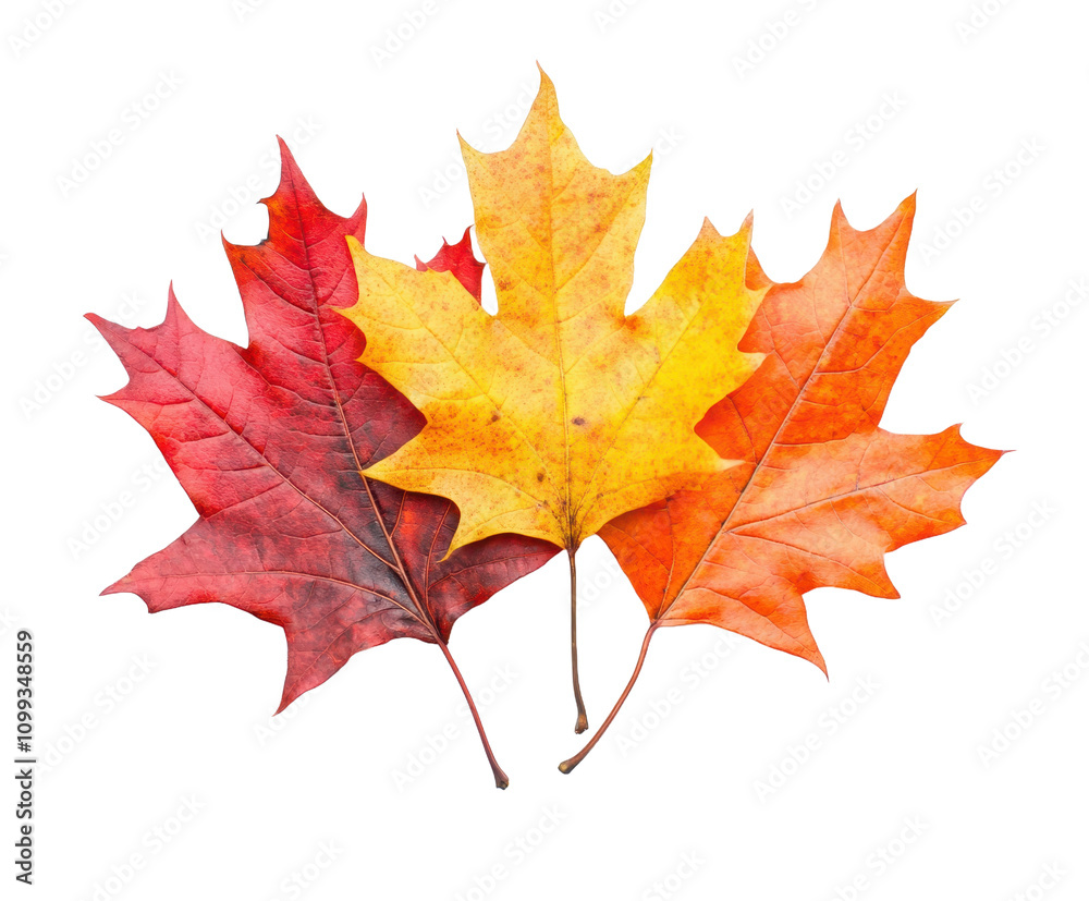 custom made wallpaper toronto digitalThree autumn maple leaves in red orange and yellow hues are shown against a black background.