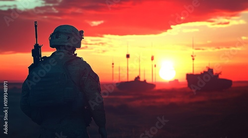 Soldier standing field sunset is wearing helmet carrying Electronic Warfare: Tactics