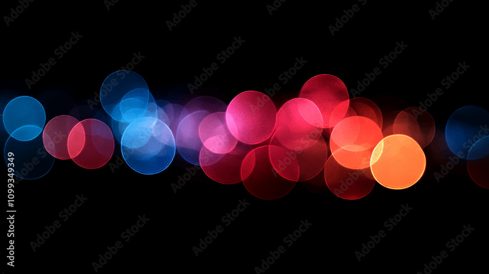 Colorful bokeh light Defocused glow overlay. Blur pink blue red neon glow flecks soft texture on dark black abstract background with free space. Sparkling purple magical dust and particles Glitter.