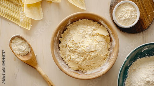 Tamale masa dough mixture in wooden bowl with corn husks and flour on white table for preparation
