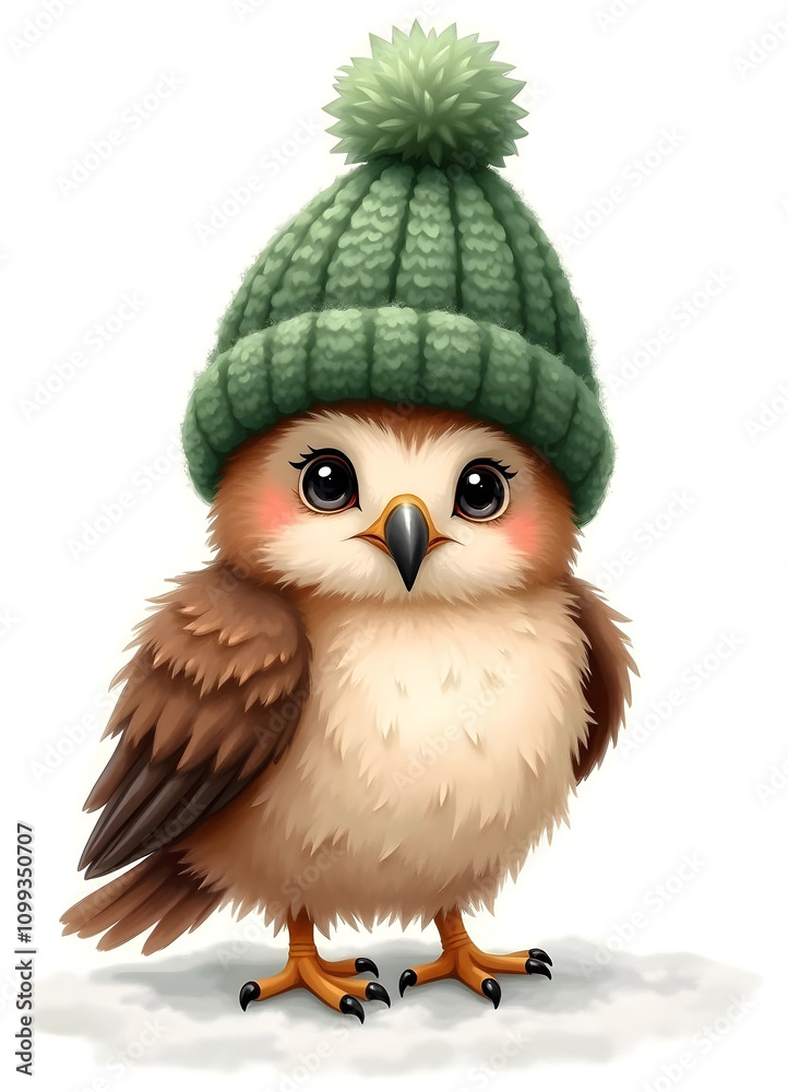 Obraz premium Cute hawk wearing green knitted hat with pom pom on top isolated on white background