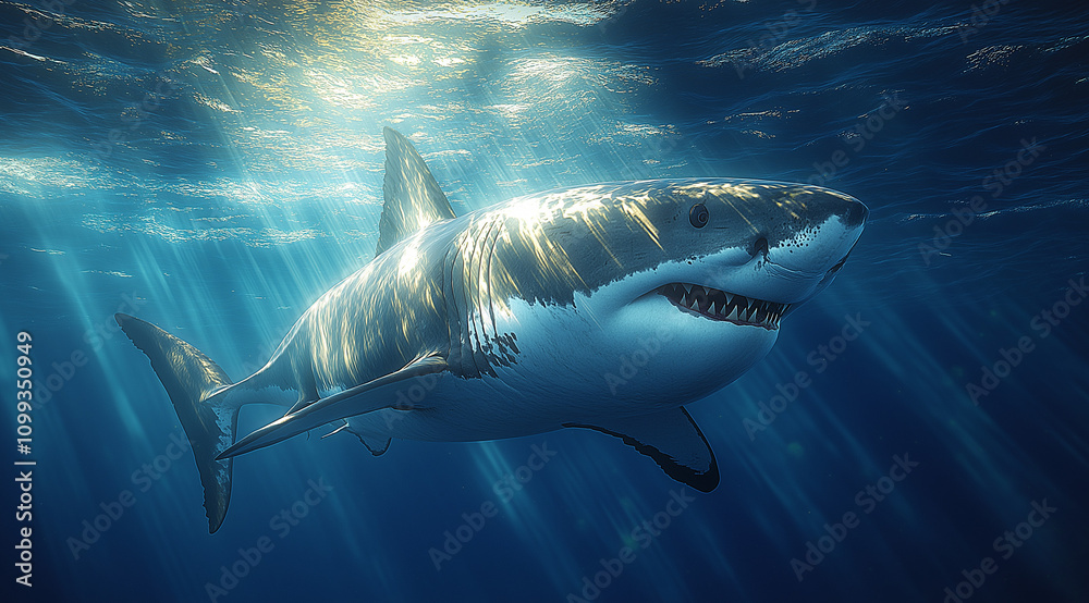 Fototapeta premium large, white shark is swimming underwater, with sunlight shining through the water