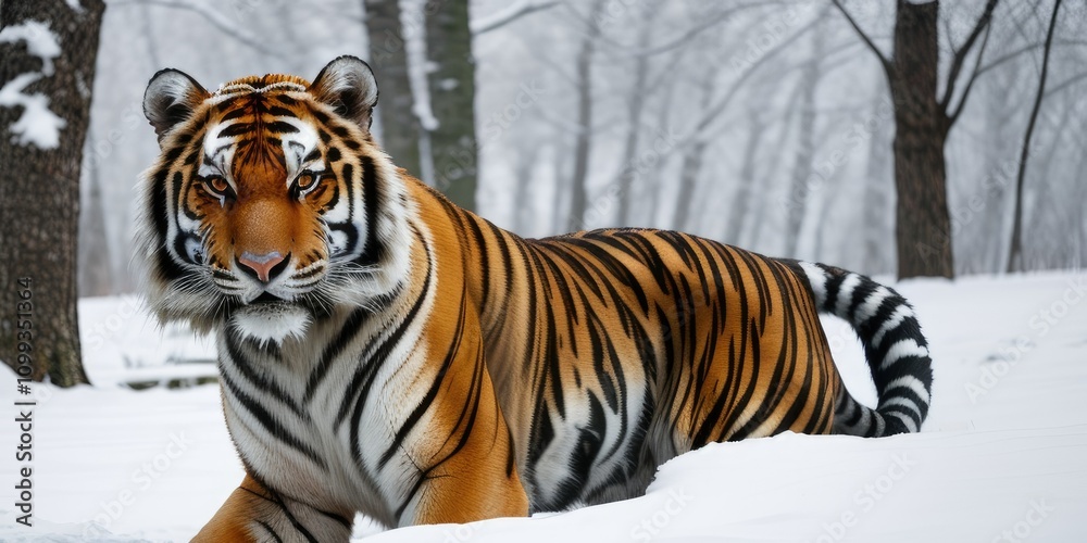 Obraz premium A majestic Siberian tiger, a powerful predator, prowls through a snowy landscape