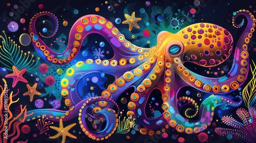 Wallpaper Mural Vibrant psychedelic octopus in ocean scene. Torontodigital.ca