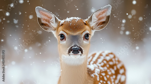 A close-up portrait of an adorable white-tailed deer fawn, standing in the snow-covered meadows during winter with falling snowflakes photo