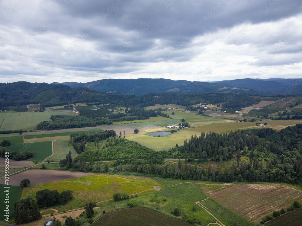Obraz premium A large, open field with a few houses in the distance