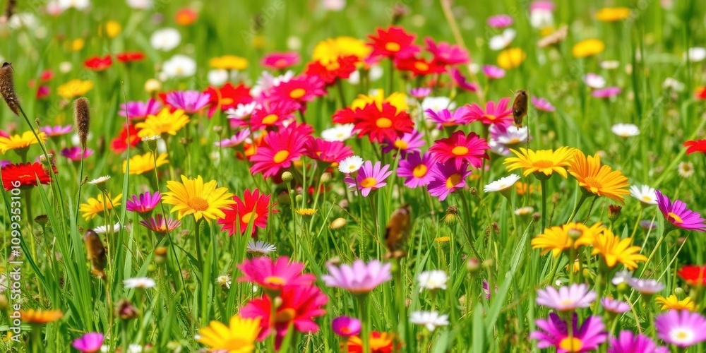 Obraz premium Lush green grass lawn covered with blooming wildflowers in the month of June, colorful, nature