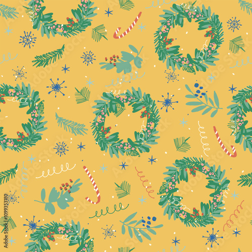 Vintage Merry Christmas Seamless pattern with hand drawn advent wreath, candles for festive projects, invitations, wall posters, social media and for decorating your home, crafts and goods