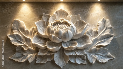 Elegant Marble Carving Of A Flower With Leaves