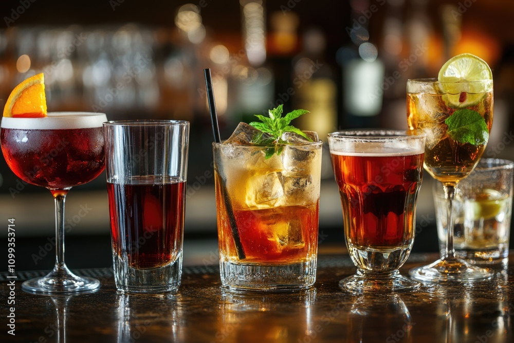 Fototapeta premium Diverse Collection of Cocktails and Alcoholic Beverages in Stylish Glassware