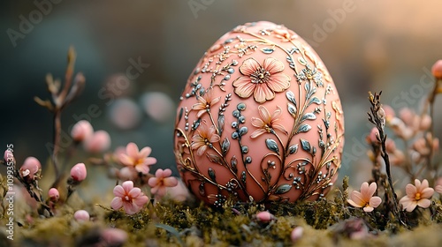 An intricately designed Easter egg with a vintage style, set against a soft-colored background on the right side  photo