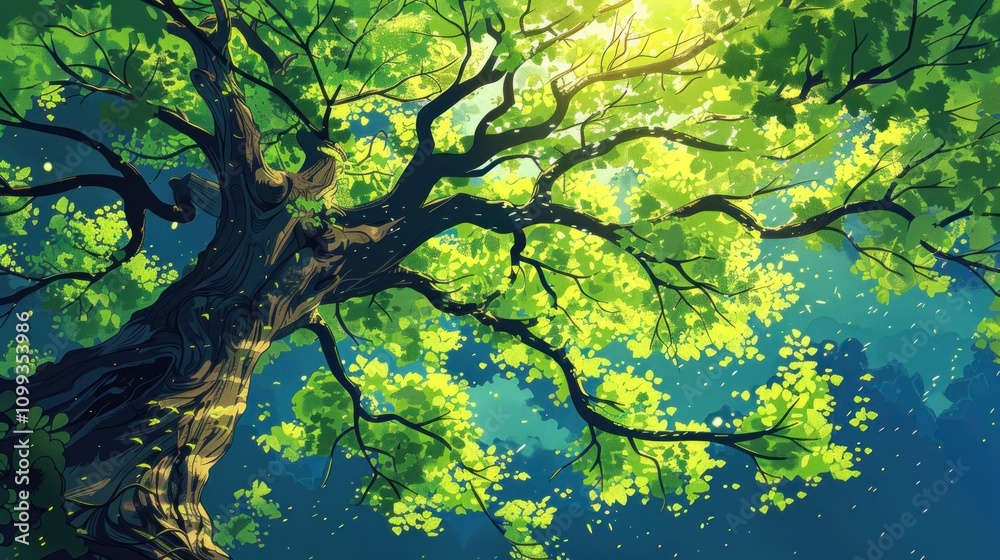 Fototapeta premium Lush green tree canopy, sunlight filtering through leaves.