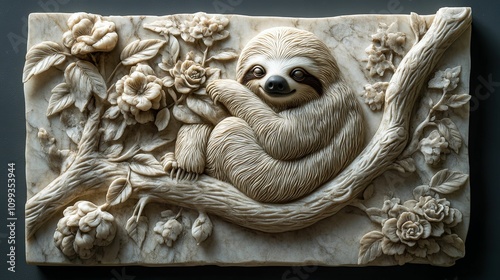 Sloth Resting On Branch Among Carved Flowers
