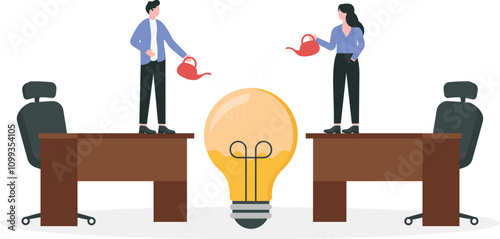 Growing knowledge or innovative idea, developing creativity for succeeding business or career growth, team development concept. Employees pouring liquid to fulfill space in idea light bulb.


