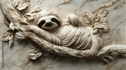Serene Sloth Resting On Marble Tree Branch