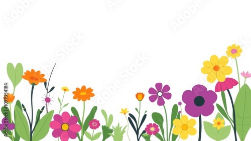 Simple and vibrant vegetable and flower vector illustrations on a solid color background with white space in the middle, fresh, colorful