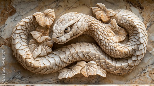 Intricate Marble Carving Of A Snake Among Flowers