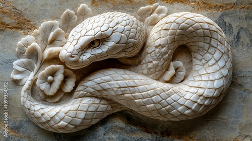 Intricate Marble Carving Of A Snake With Floral Design