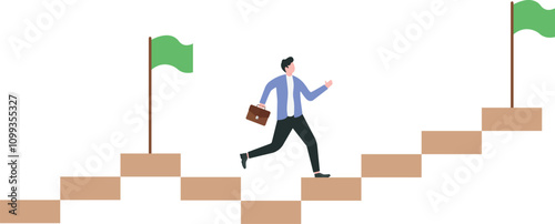 Continuous self development even after success, motivation to reach new goal, planning to next achievement concept. Businessman stepping up next stair to plant flag on new larger trophy.
