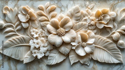 Intricate Marble Carving Of Delicate Flowers And Leaves