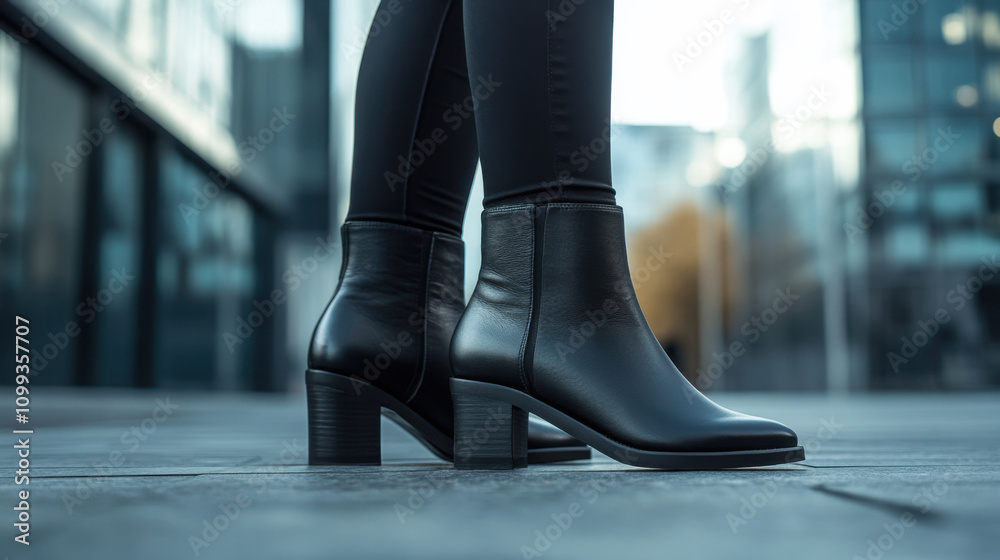 Fototapeta premium Chic women's ankle boots in black leather with a modern design, set against a minimalist urban background 