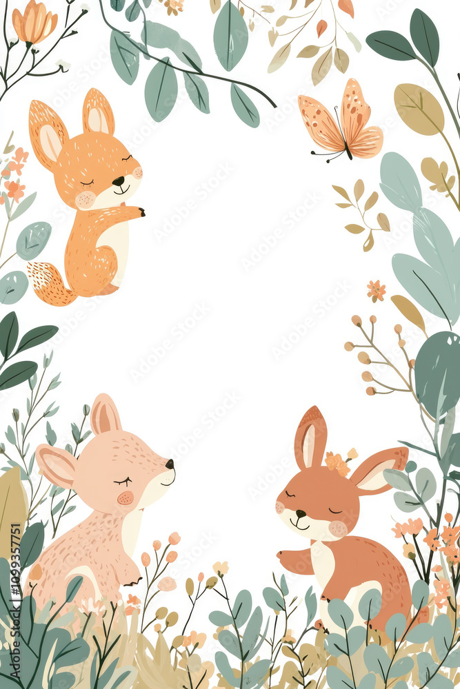 Naklejka premium Cute baby shower postcard illustration featuring woodland animals amidst floral designs