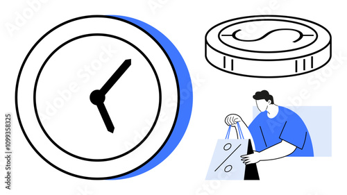 Clock face, coin, person carrying shopping bags. Ideal for business planning, financial management, time optimization, consumer behavior, budgeting retail marketing. Line metaphor