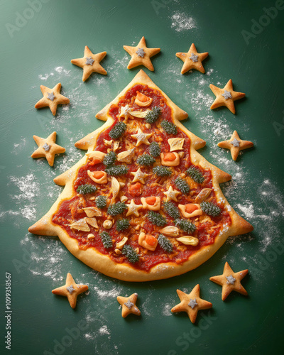 A very juicy and delicious pizza made in the shape of a Christmas tree with decorations, placed on a solid green background, in the spirit of Christmas and New Year