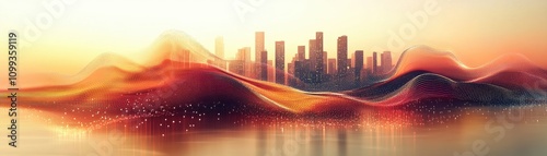 Futuristic Cityscape with Abstract Digital Waves at Sunset Reflecting on Water Surface photo