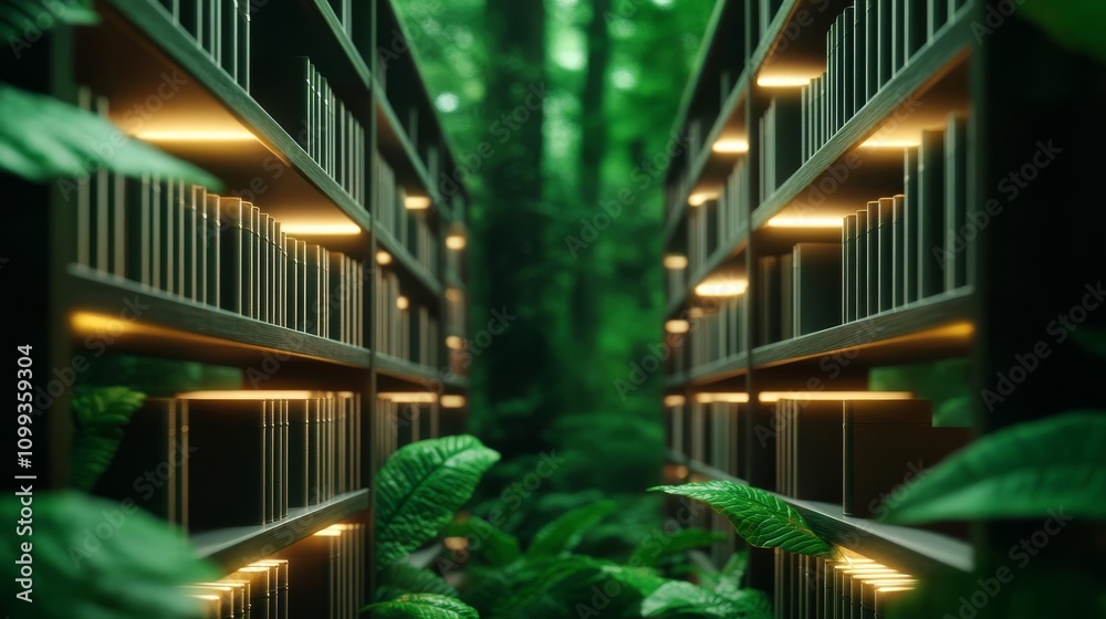 Obraz premium Library shelves glowing softly in rhythm with calming nature sounds in a tranquil forest library setting, forest rhythm library, peaceful immersion