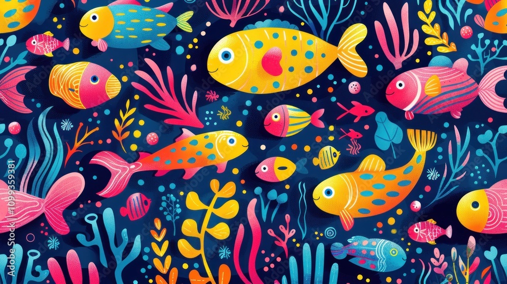 Obraz premium Colorful cartoon fish and coral reef seamless pattern.