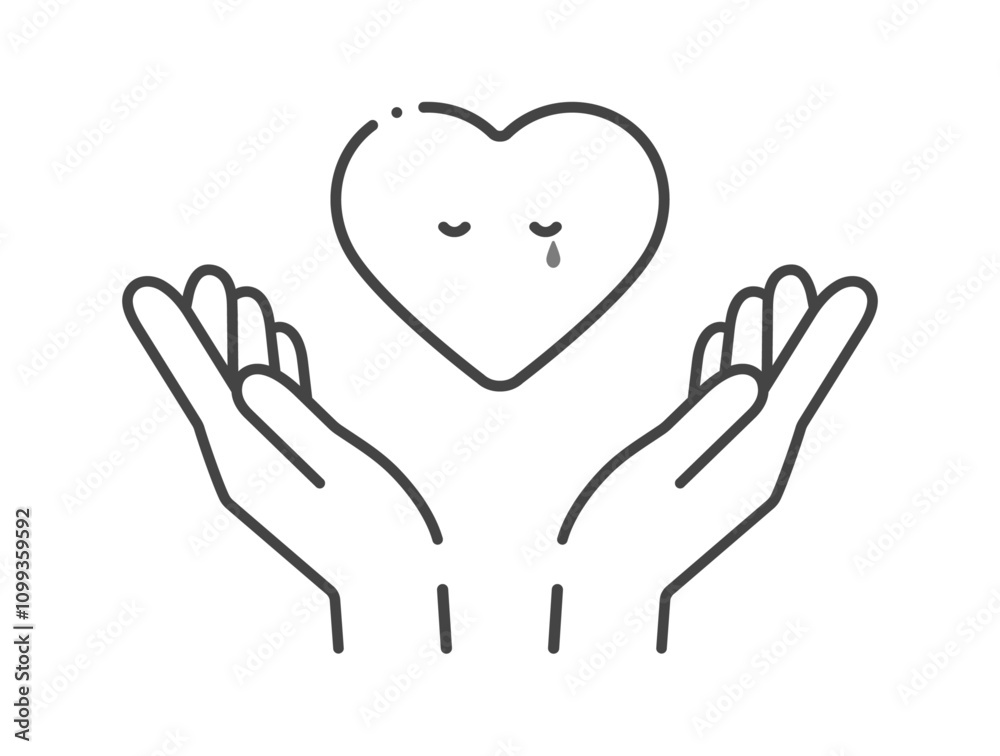 Obraz premium 泣いているハートを両手で包む手の線画アイコン - 思いやり、チャリティーやメンタルヘルスのイメージ