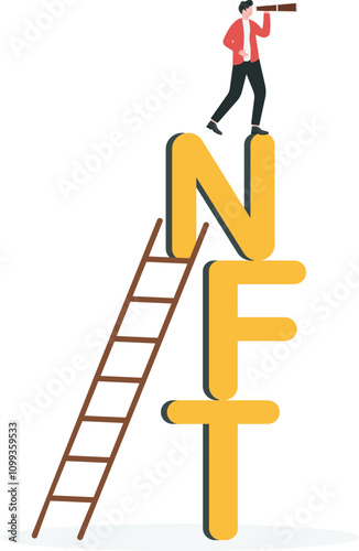 Non fungible token investment opportunity, survey NFT market for speculating, or new alternative way to increase income concept. Businessman with telescope climb up word NFT to seek opportunity.

