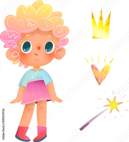 Little princess character design. Cute girl wearing princess costume and items like a shiny magic wand, shiny crown and a loving heart. Colorful fairy tale vector clip art graphics for children.