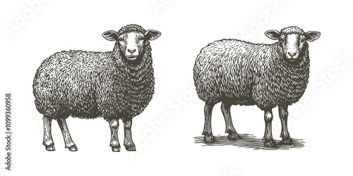 Vector farm sheep standing on grass sketch hand drawn side view Farming. Hand drawn domestic animal with thick woolly coat. Livestock farming. Animal grazing.  Lamb vintage woodcut engraving style.