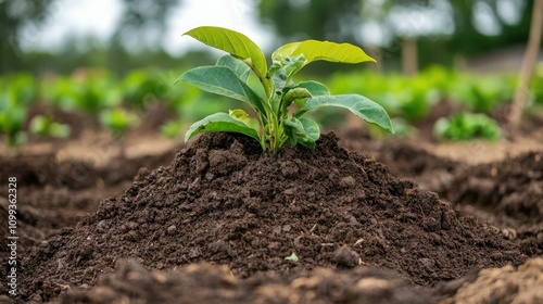 Compost pile with biodegradable materials like leaves sticks and other organic matter in a lush garden setting photo