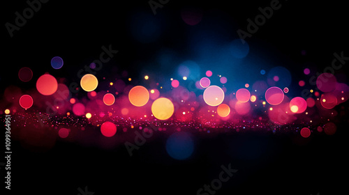 Colorful bokeh light Defocused glow overlay. Blur pink blue red neon glow flecks soft texture on dark black abstract background with free space. Sparkling purple magical dust and particles Glitter.