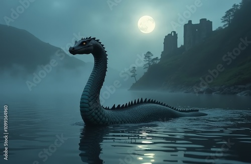 Mysterious sea serpent emerging from misty waters under moonlight photo