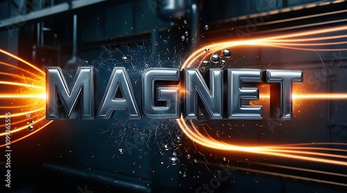 3D metallic text "Magnet" with glowing energy trails, suggesting magnetic force and power.