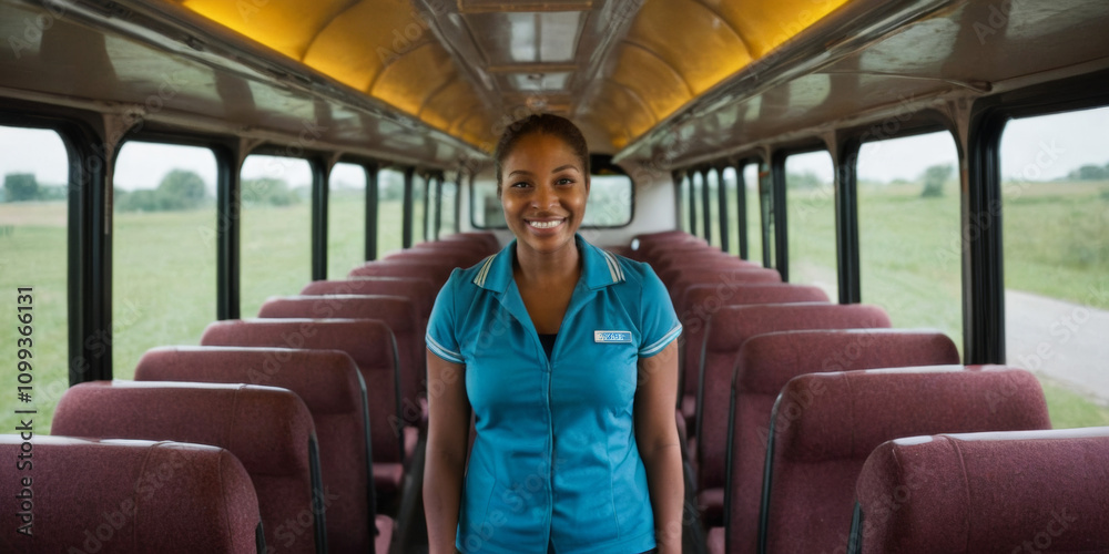 Fototapeta premium Bus attendant stands in the public bus and smiles into the camera