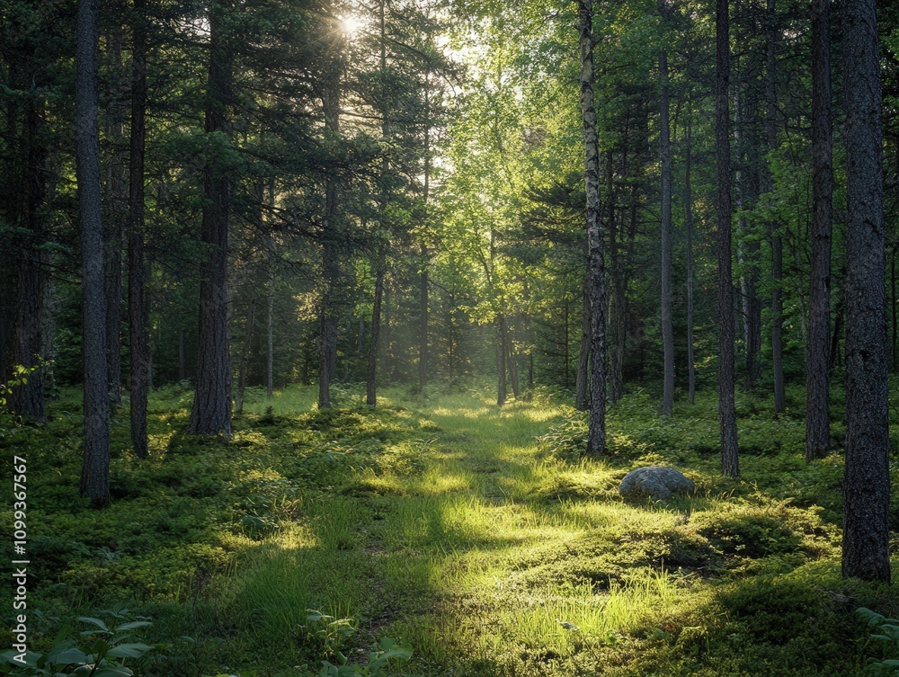 Obraz premium A serene forest landscape featuring sunlight filtering through tall trees, illuminating a lush green path and mossy ground.