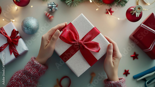 a close up of hands tying a red ribbon on a gift box